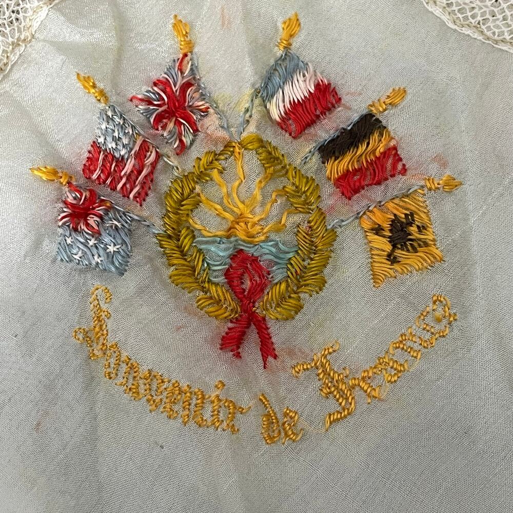 Vintage WWI Souvenir of France Handkerchief Embroider Silk? Lace Edge FLAWED - Picture 3 of 12